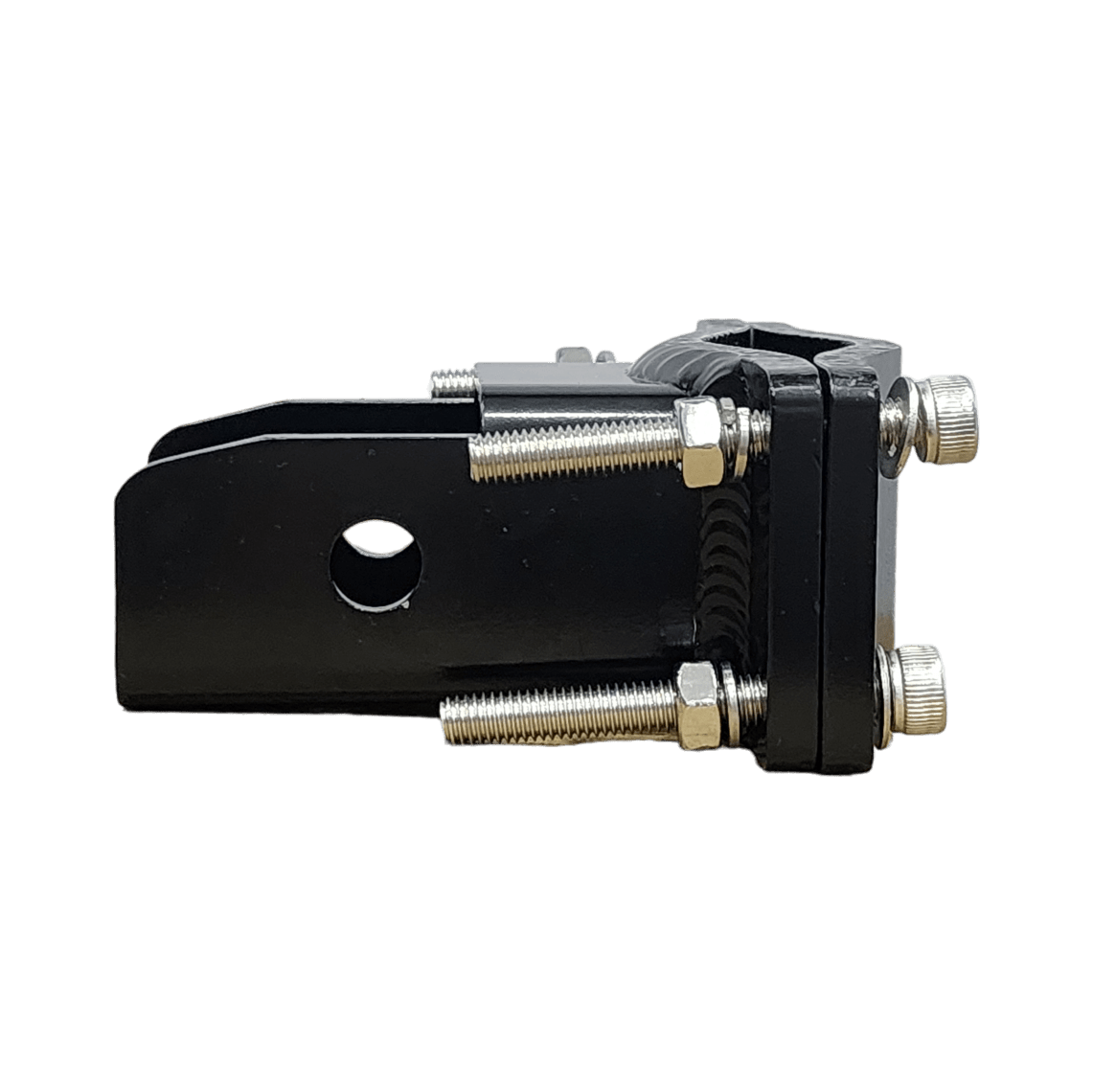 Black metal hitch mount with bolts.