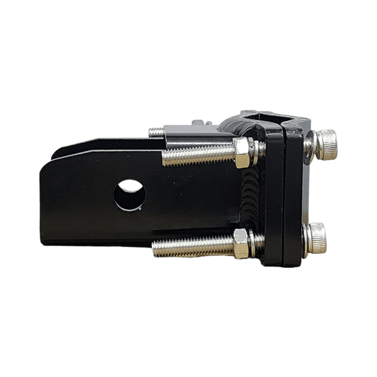 Black metal hitch mount with bolts.