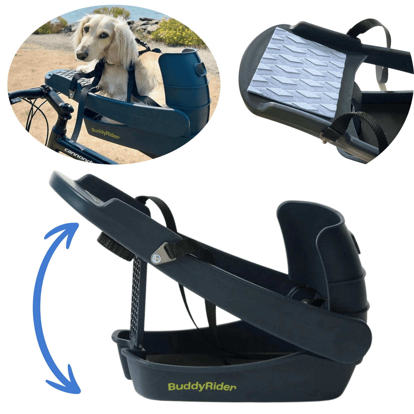Three-part product shot of a Buddyrider pet carrier for a bicycle. The top left image is a dog sitting in the product attached to a bicycle. The top right image is a close-up of the sitting area. The bottom image is the product fully assembled on a white background with a blue arrow indicating the product folds for storage.