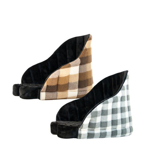 Two black and plaid Buddyrider dog bike seat booster cushions