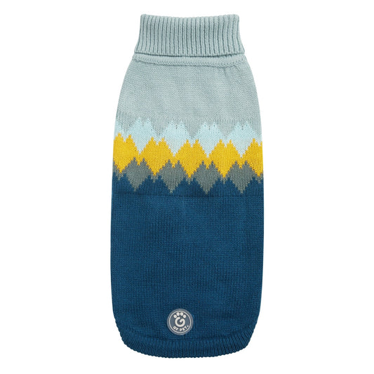GF Pet Fireside Dog Sweater in Teal – vintage-inspired winter dog sweater with a deep teal lower body, light heather gray upper section, and bold diamond knit pattern in golden yellow, sky blue, and charcoal; crafted in premium multi-knit fabric with ribbed turtleneck and sculpted unisex fit; authentic GF Pet® logo patch at hem; cozy lodge-style sweater for dogs of all sizes, evoking retro après-ski and mountain cabin vibes.
