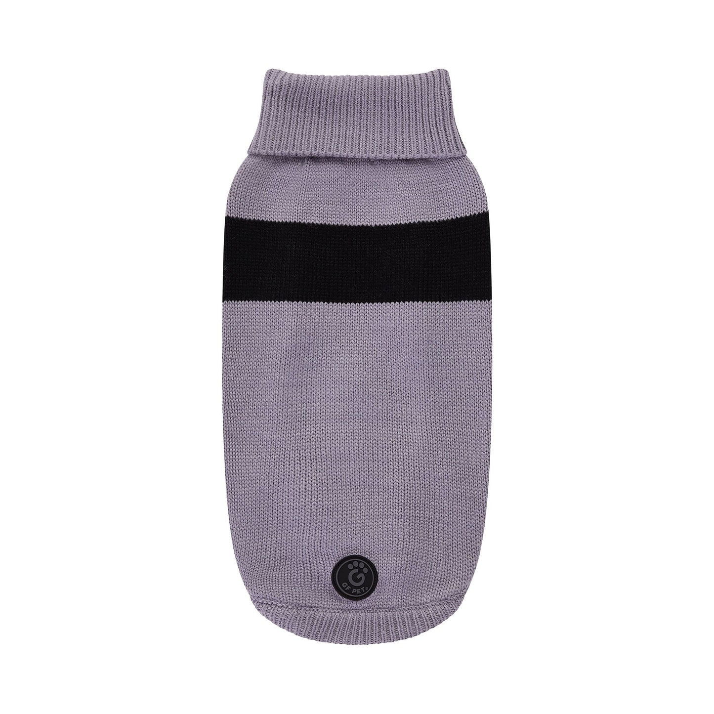 multi-knit turtleneck dog sweater for winter in gray dog sweater with black stripe stretchy material comfortable