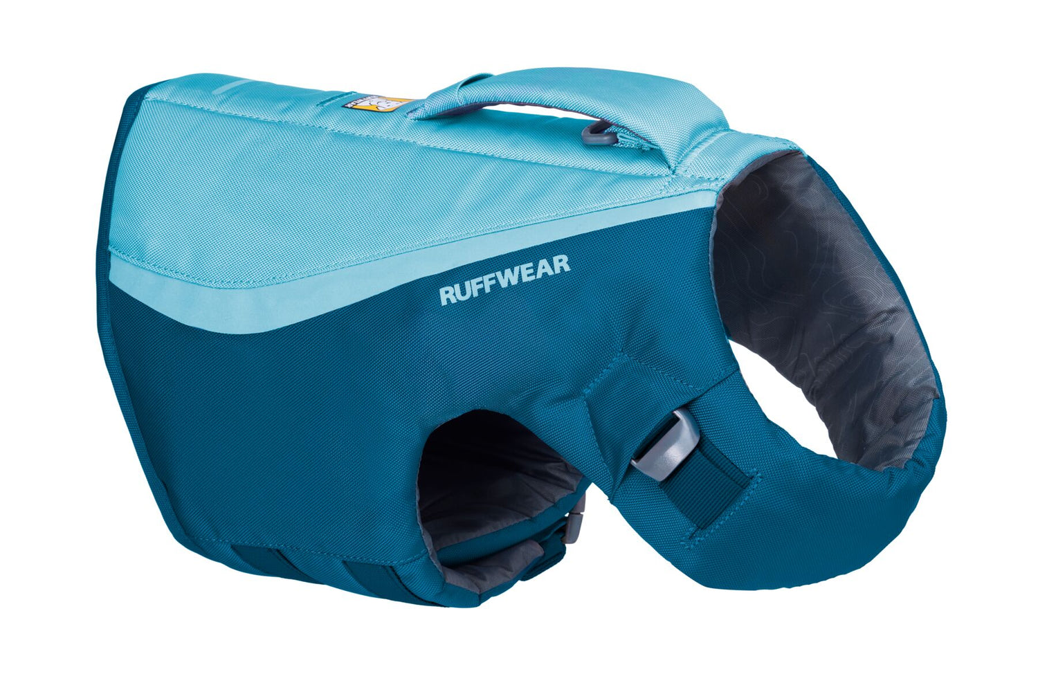 a deep blue color Ruffwear Float Coat dog life vest shown from the side