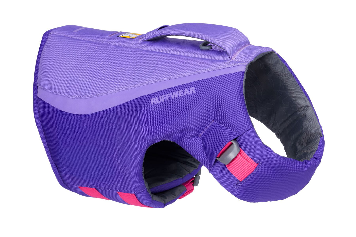 image displays a purple Ruffwear Float Coat dog life jacket.