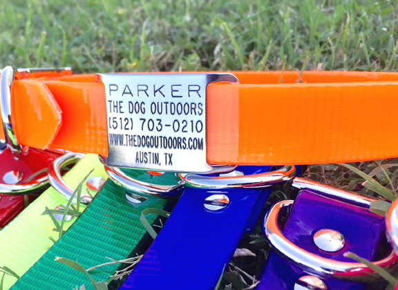 Sunglo Waterproof Dog Collars With Stainless Steel Slide On Jingle Free Dog ID Tags. Our Dogs test these in the muddiest, stinkiest environments we can find