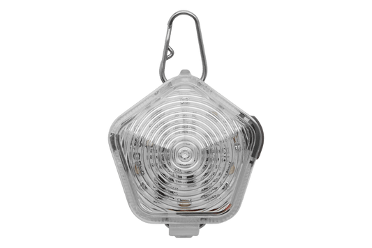 Clear plastic LED safety light with carabiner.