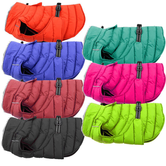 Assorted dog jackets in multiple colors.