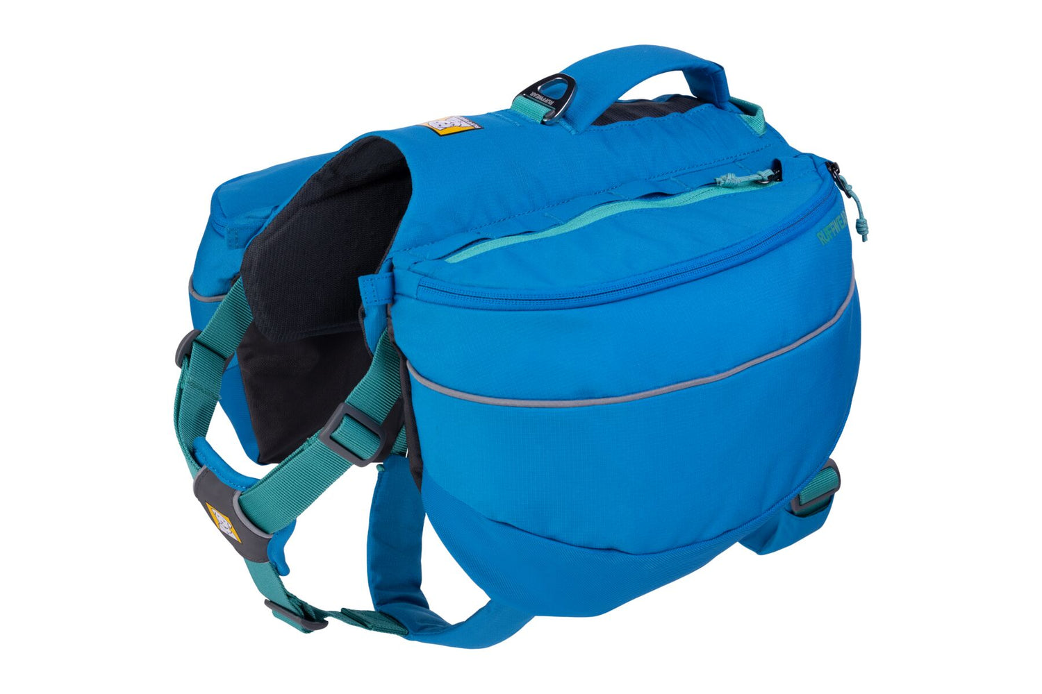 Blue dog backpack with teal straps.