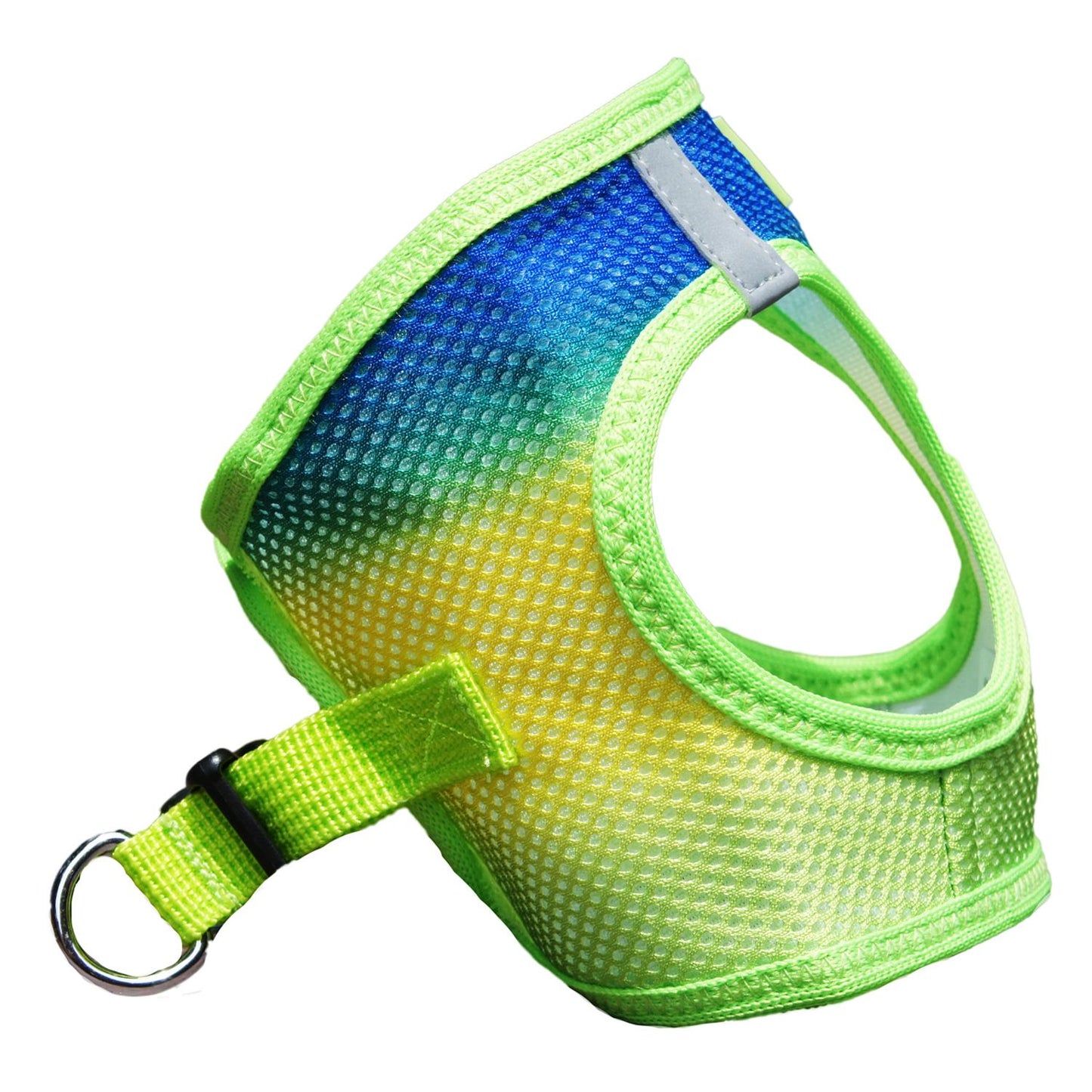 Green, yellow, and blue mesh pet harness.