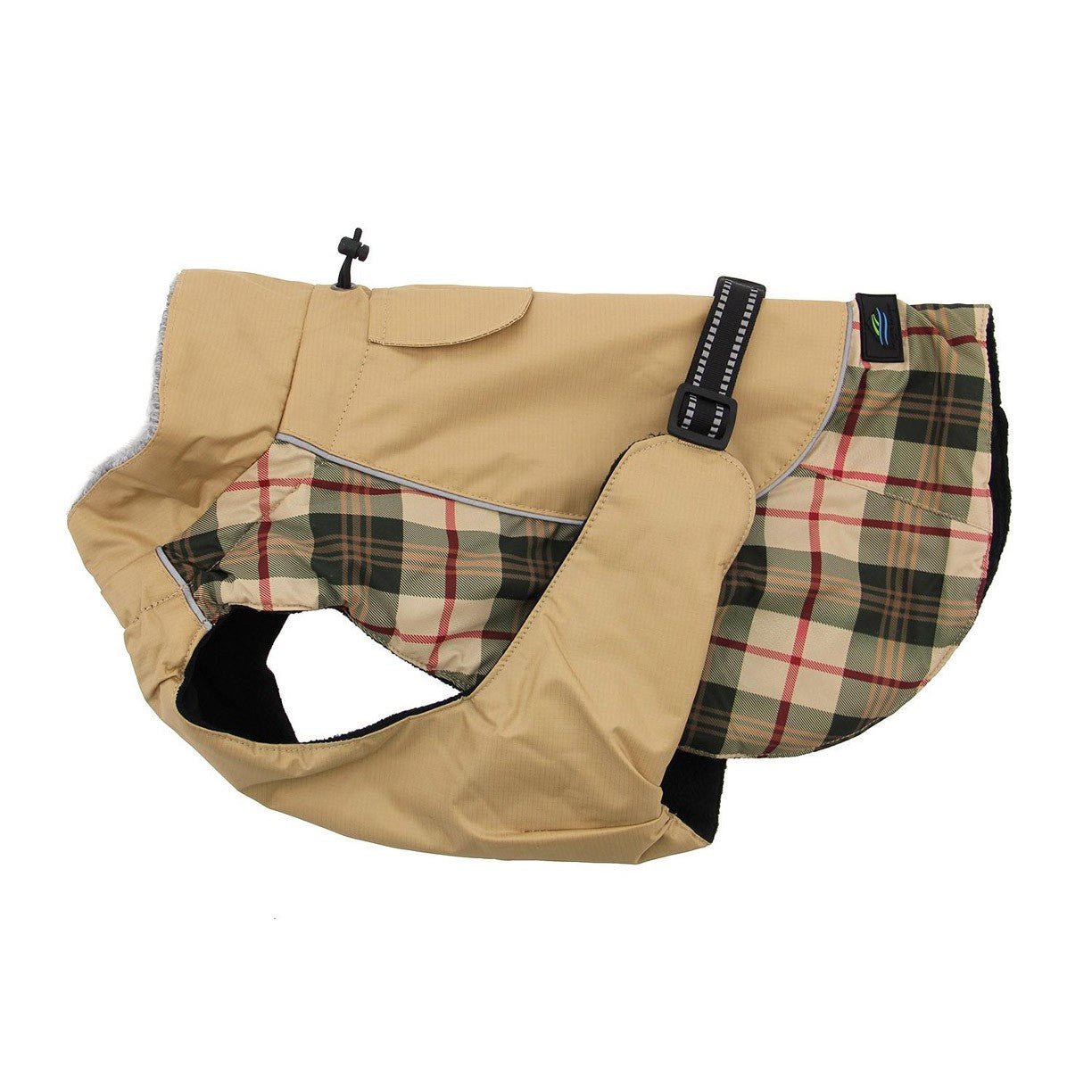 Dog jacket with khaki and plaid pattern.