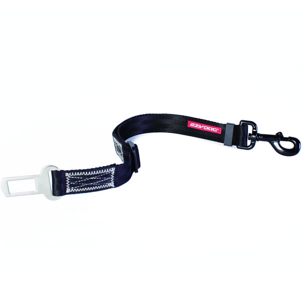 Black nylon dog seatbelt tether with silver buckle and black clasp.