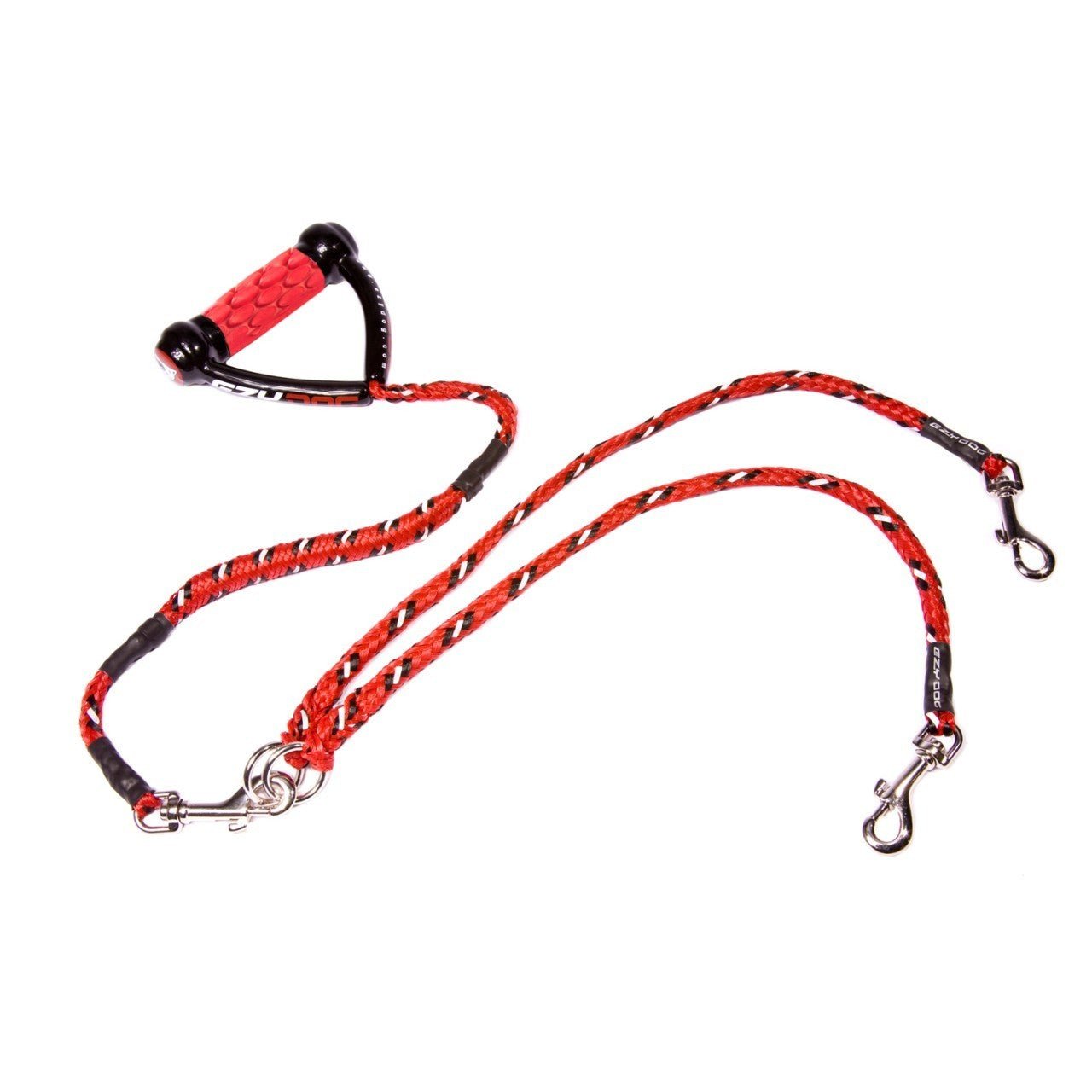 A red and black dog leash with a handle and two clips.