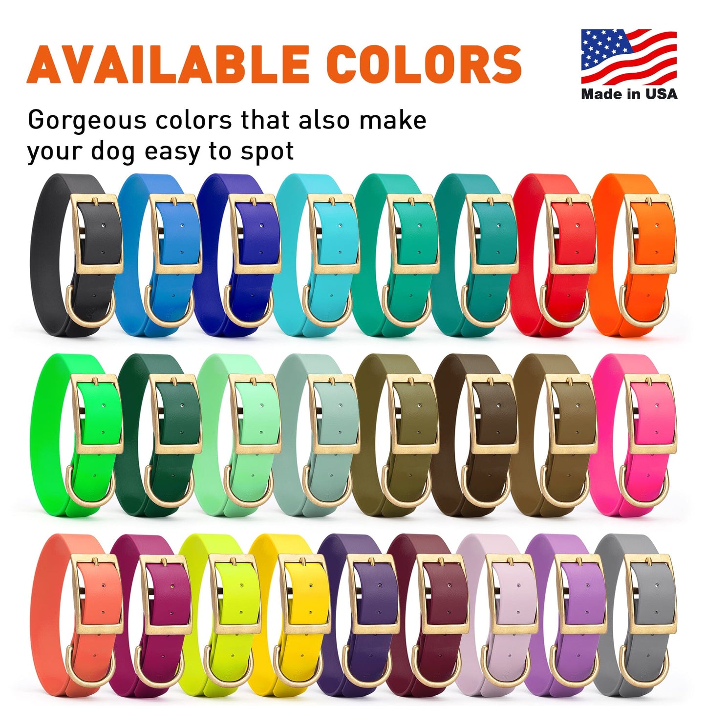 Biothane Waterproof Dog Collar - Brass Hardware - 1.5in Wide - Size L (16" - 20" Neck)