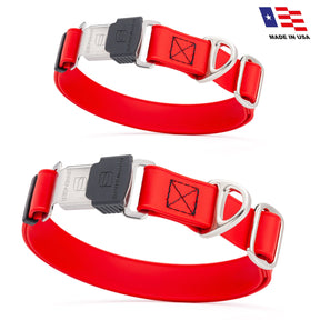 red adjustable waterproof biothane dog collar with stainless steel buckle – stink proof, made in usa, durable pet collar for active dogs