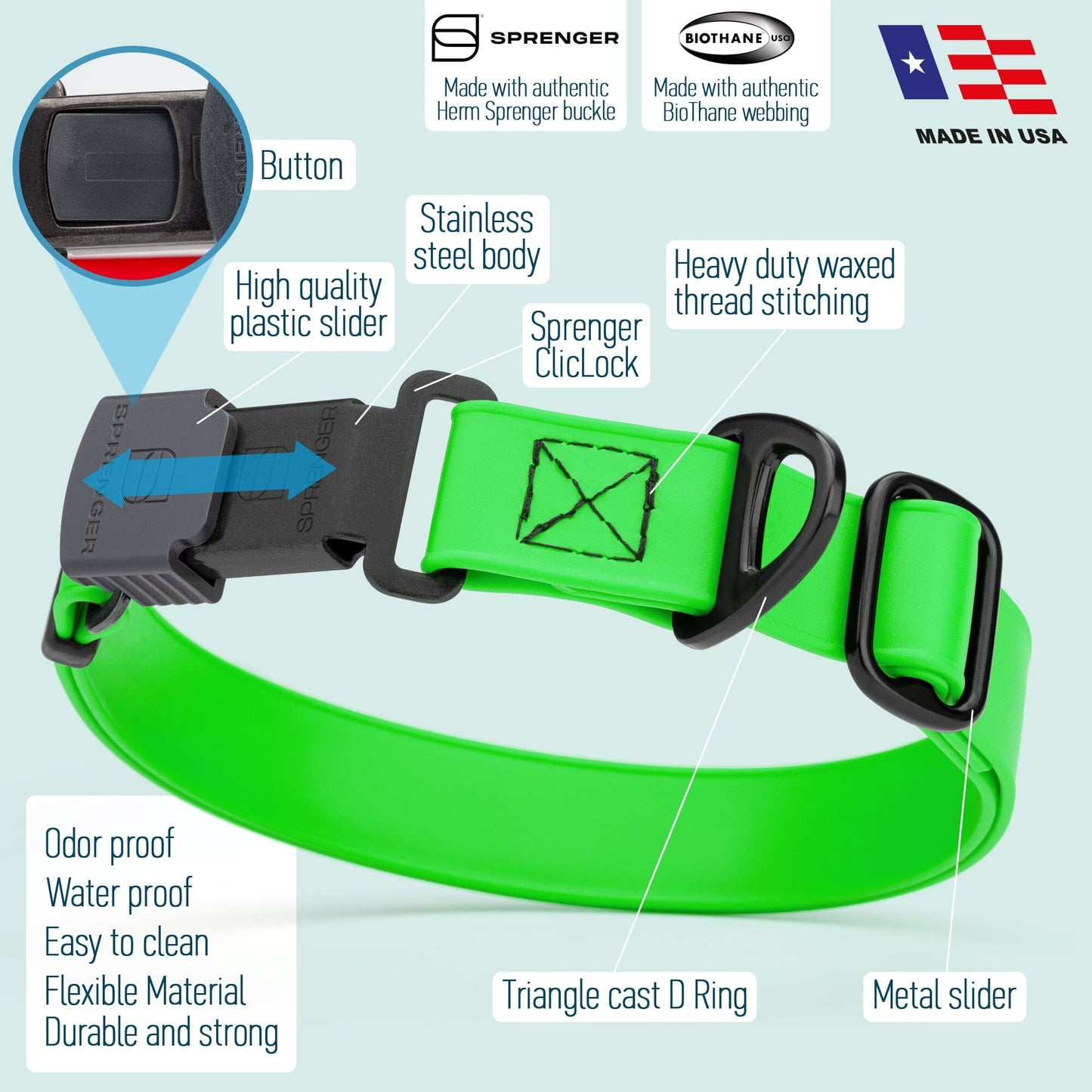 adjustable waterproof biothane dog collar with stainless steel buckle – stink proof, made in usa, durable pet collar for active dogs