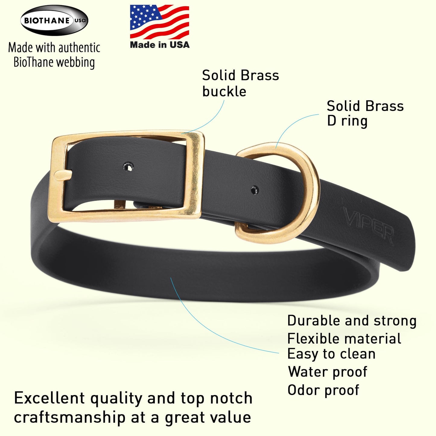 Biothane Waterproof Dog Collar - Brass Hardware - Size L (18" - 22" Neck)