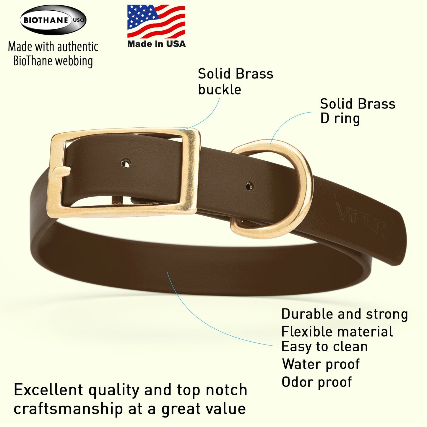 Biothane Waterproof Dog Collar - Brass Hardware - Size XL (22" - 25" Neck)