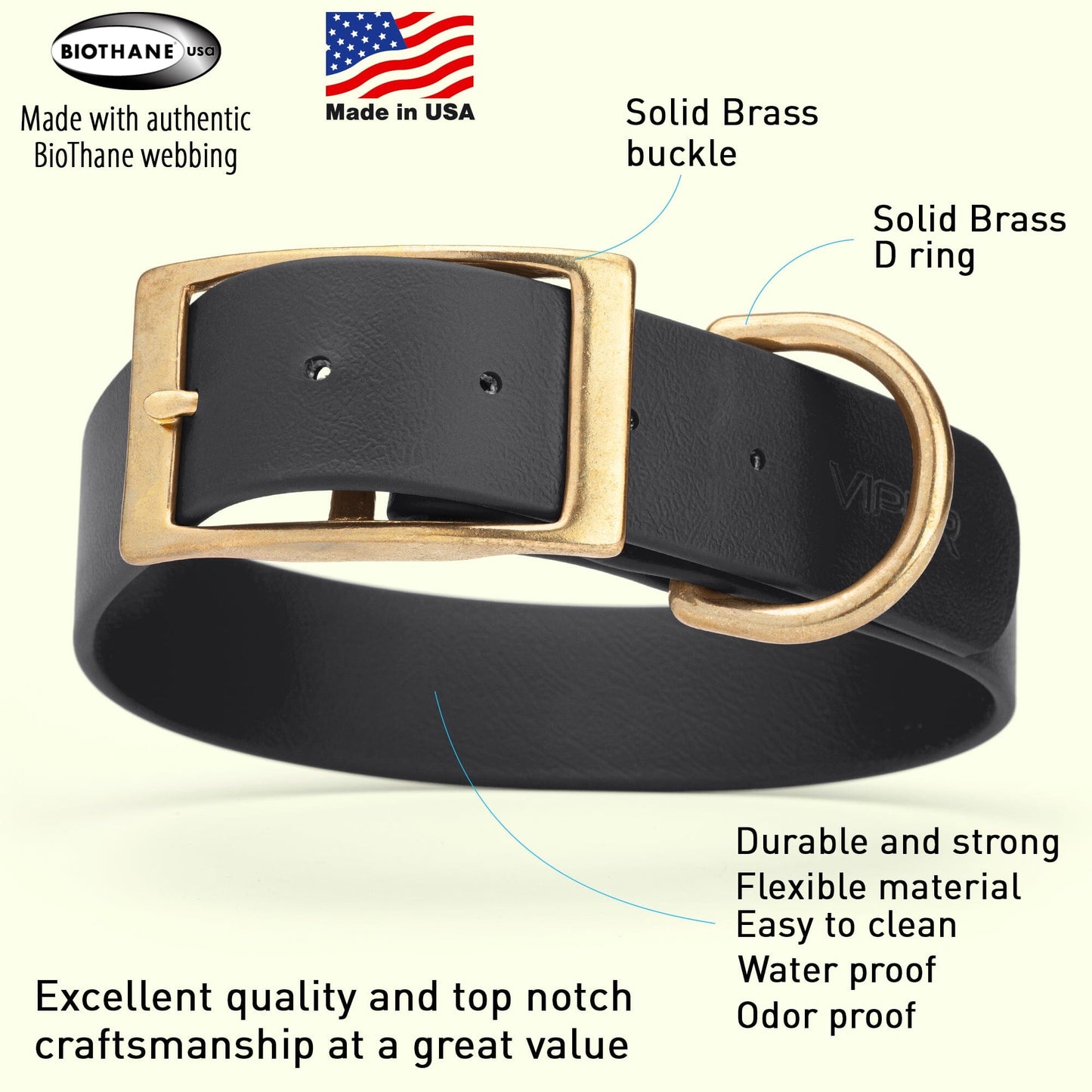 Biothane Waterproof Dog Collar - Brass Hardware - 1.5in Wide - Size L (16" - 20" Neck)