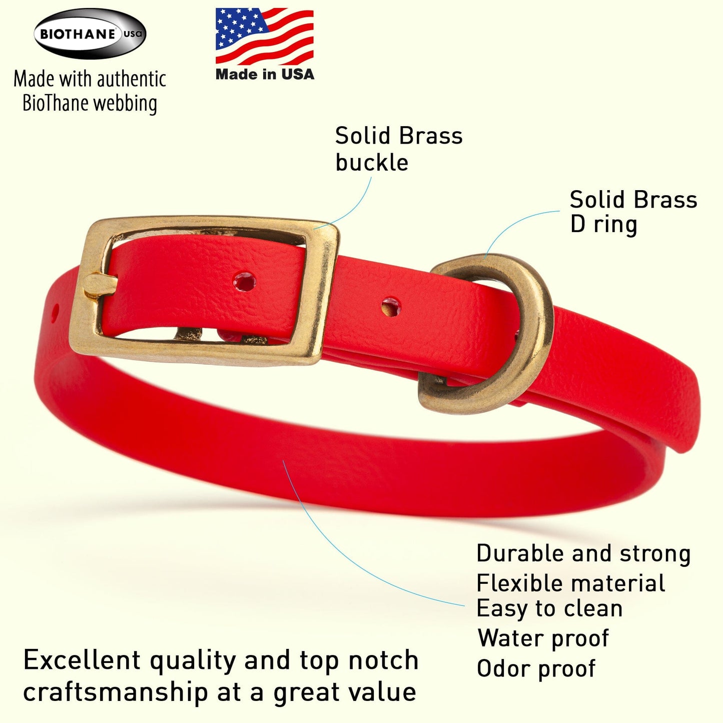 Biothane Waterproof Dog Collar - Brass Hardware - Size XS (9" - 12" Neck)