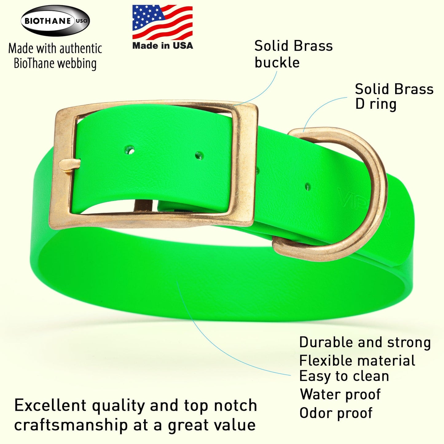 Biothane Waterproof Dog Collar - Brass Hardware - 1.5in Wide - Size XL (20" - 24" Neck)