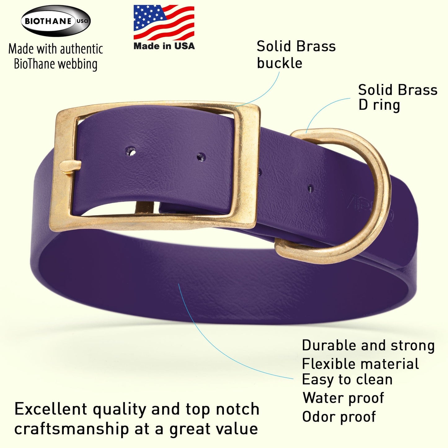 Biothane Waterproof Dog Collar - Brass Hardware - 1.5in Wide - Size XXL (24" - 28" Neck)