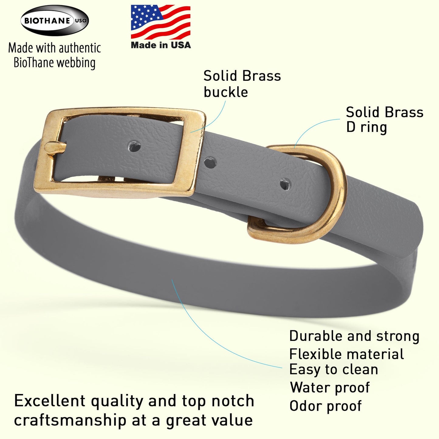 Biothane Waterproof Dog Collar - Brass Hardware - Size S (12" - 15" Neck)