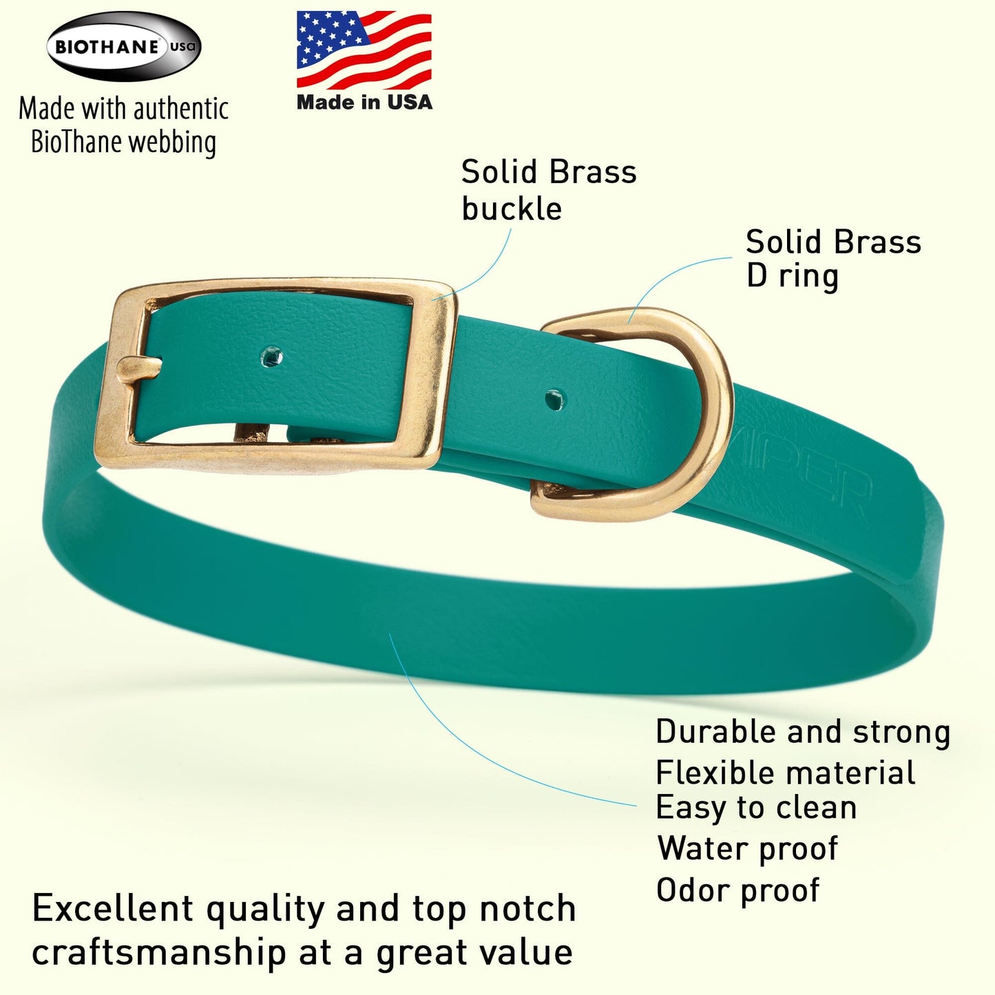 Biothane Waterproof Dog Collar - Brass Hardware - Size M (15" - 18" Neck)