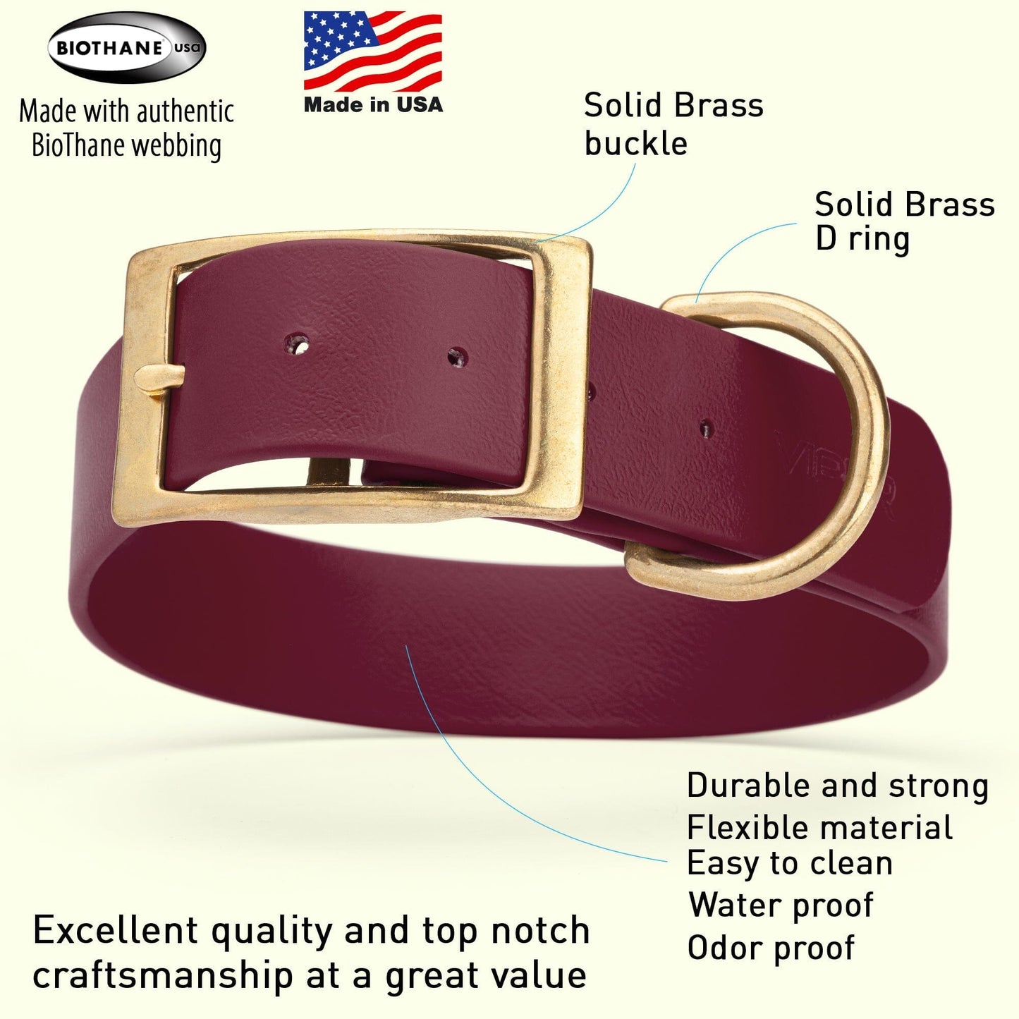 Viper Biothane Waterproof Dog Collar - Brass Hardware - 1.5in Wide, Size XL (20 to 24 inches)
