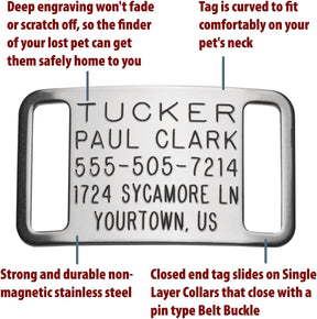 Stainless Steel Slide On Dog Tags - Deeply Engraved No Jingle ID Tags – The  Dog Outdoors