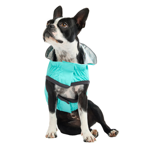 Reversible Dog Raincoat - Neon Aqua/Iridescent Dog Rain Jacket with hood boston terrier