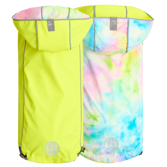 Reversible Dog Raincoat - Neon Yellow/Tie Dye Dog Rain Jacket with hood