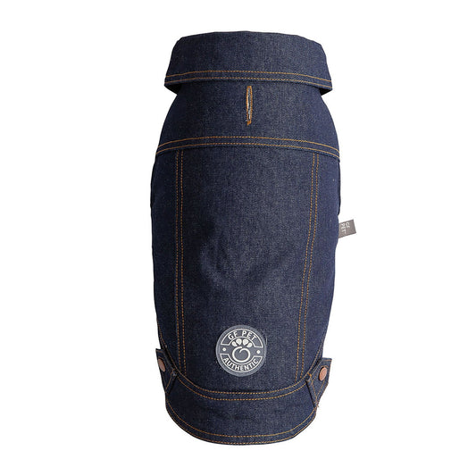 GF PET dark wash denim dog coat with sherpa lining – warm jean jacket for dogs