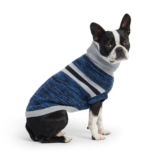 Trekking Dog Sweater - Blue Winter Dog Sweaters with gray and black stripe boston terrier