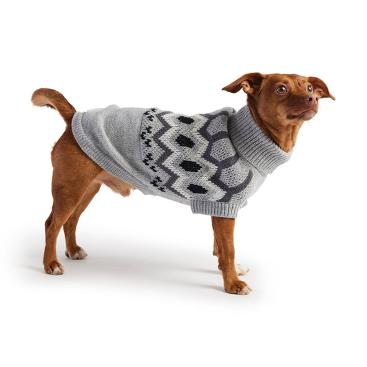 Heritage Fair Isle Dog Sweater – Retro Nordic Gray Mix white black accents scandinavian ski sweater Knit Winter Dog Sweaters