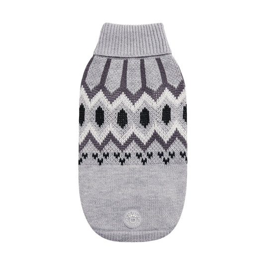 Heritage Fair Isle Dog Sweater – Retro Nordic Gray Mix white black accents scandinavian ski sweater Knit Winter Dog Sweaters