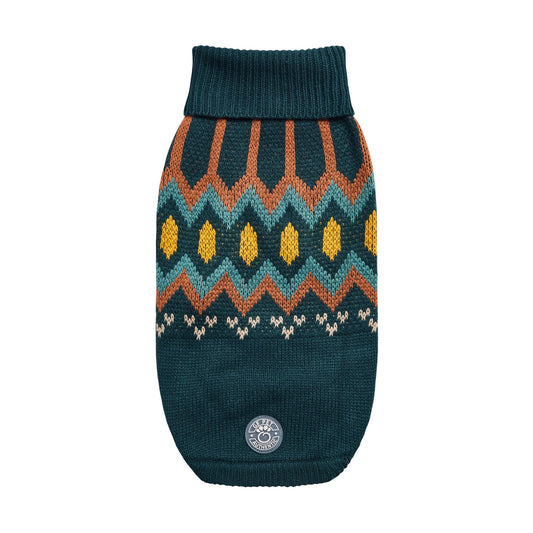 Heritage Fair Isle Dog Sweater – Retro Teal Knit Winter Dog Sweaters