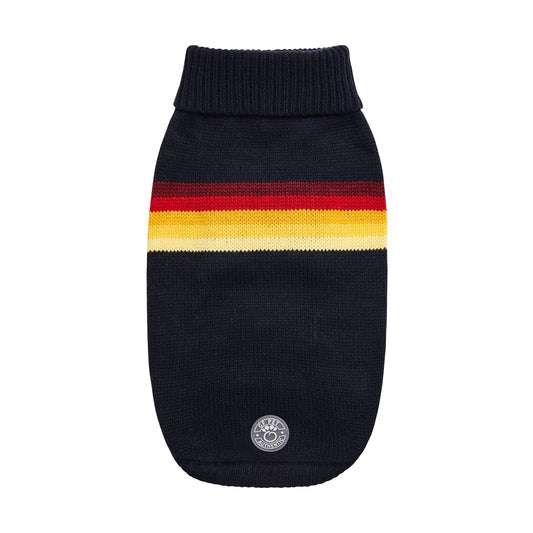 Retro Dog Sweater - Navy Striped 70s Style Winter Dog Sweater with red yellow and cream color stripes