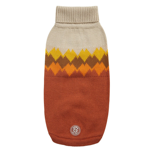 GF Pet Fireside Dog Sweater in Chili – warm, vintage-inspired winter dog sweater with a deep rust-red lower body, beige upper section, and diamond knit pattern in golden yellow, amber, and burnt orange; crafted from premium multi-knit fabric with ribbed turtleneck, sculpted unisex fit, and authentic GF Pet® logo patch; cozy lodge-style sweater for dogs of all sizes, perfect for fall walks and cold winter days.