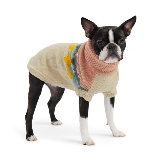 GF Pet Fireside Dog Sweater in Clay color Rose Blush and Oatmeal – vintage-inspired winter dog sweater with soft pink upper, cream base, and diamond knit pattern in teal, gray, and golden yellow; cozy ribbed turtleneck and unisex sculpted fit for small to large dogs.