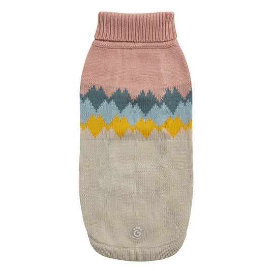 GF Pet Fireside Dog Sweater in Clay color Rose Blush and Oatmeal – vintage-inspired winter dog sweater with soft pink upper, cream base, and diamond knit pattern in teal, gray, and golden yellow; cozy ribbed turtleneck and unisex sculpted fit for small to large dogs.