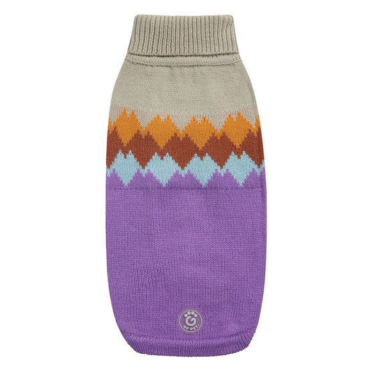 GF Pet Fireside Dog Sweater in Lavender and Clay – retro winter dog sweater with a soft purple lower body, beige upper section, and bold diamond knit pattern in burnt orange, golden amber, and sky blue; crafted in premium multi-knit fabric with ribbed turtleneck, sculpted unisex fit, and authentic GF Pet® logo patch; cozy vintage-inspired sweater for small, medium, and large dogs.