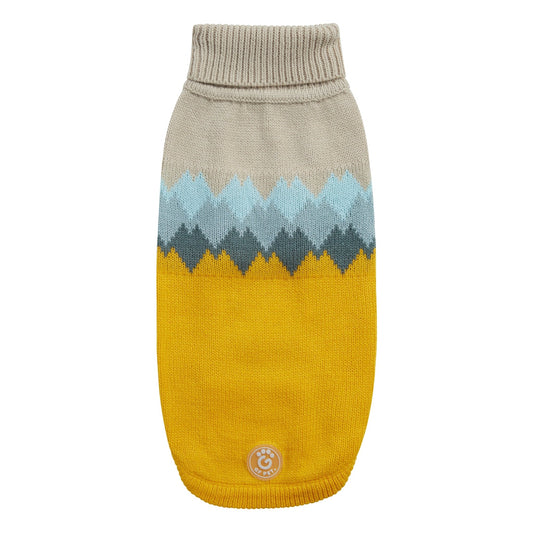 GF Pet Fireside Dog Sweater in Mustard Gold – vintage lodge-inspired winter dog sweater with a golden yellow lower body, sandstone beige top, and diamond knit pattern in layered shades of sky blue and charcoal gray; premium multi-knit fabric with ribbed turtleneck, sculpted unisex fit, and authentic GF Pet® logo patch; cozy cold-weather sweater for small, medium, and large dogs.