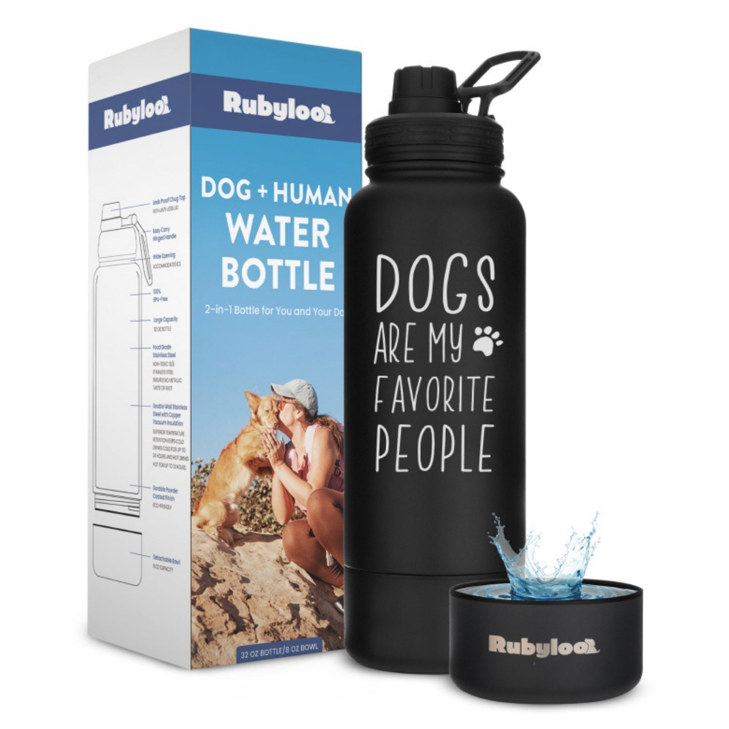 Dog + Human Water Bottle with Detachable Separate Dog Bowl