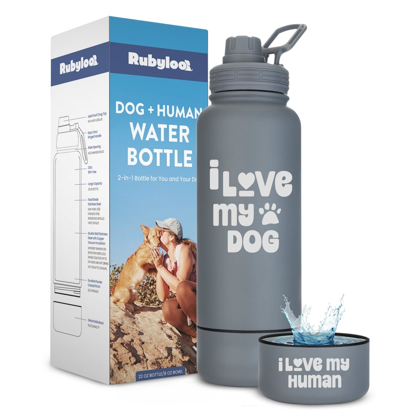 Dog + Human Water Bottle with Detachable Separate Dog Bowl
