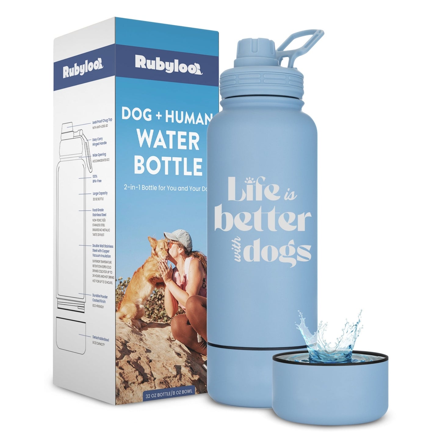 Dog + Human Water Bottle with Detachable Separate Dog Bowl