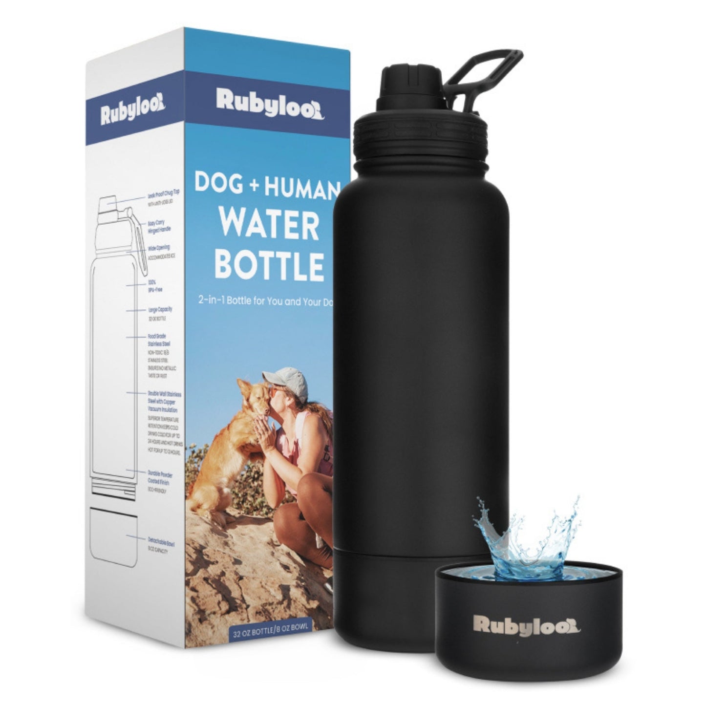 Dog + Human Water Bottle with Detachable Separate Dog Bowl