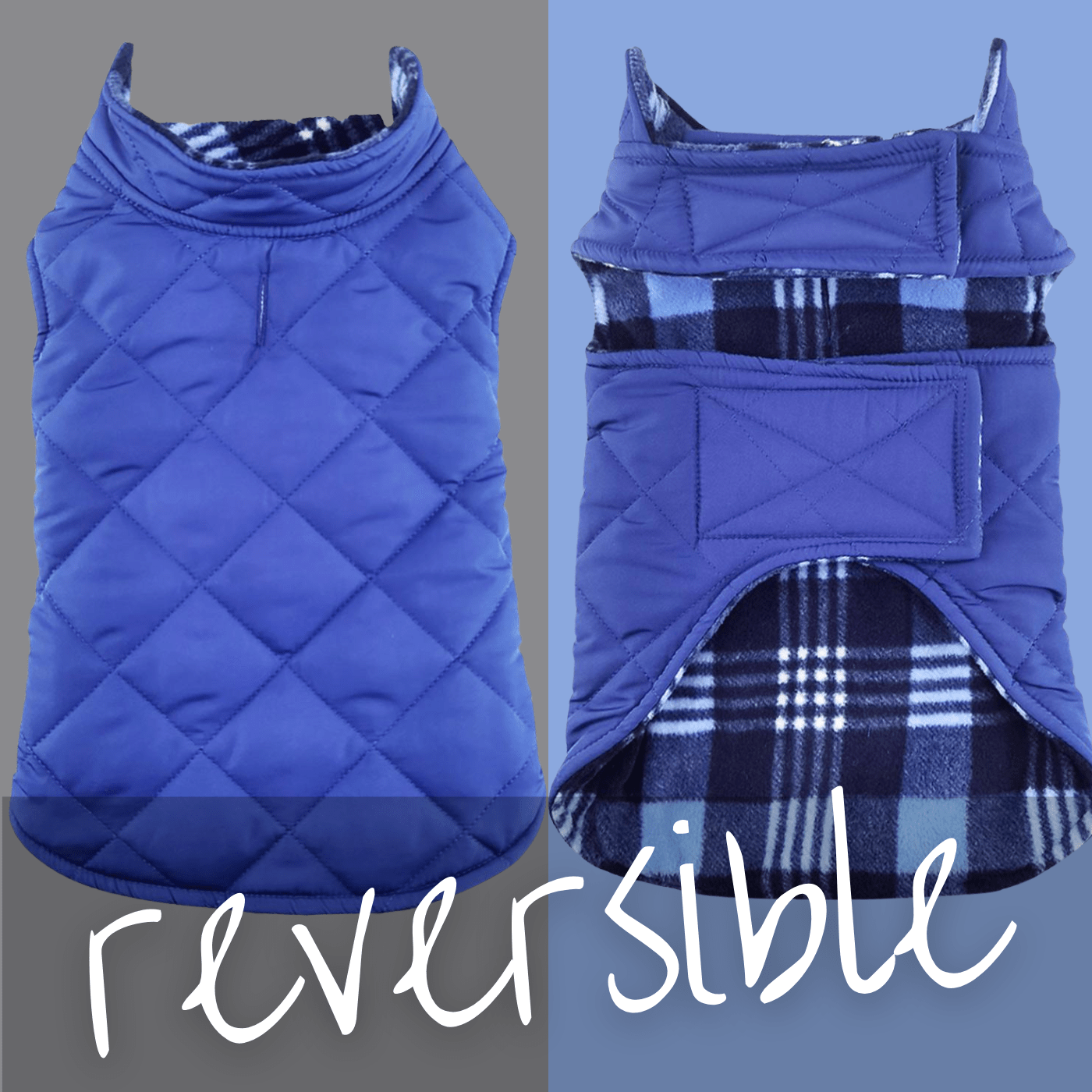 Reversible Fleece Lined Dog Puffer Winter Coats - Blue Plaid