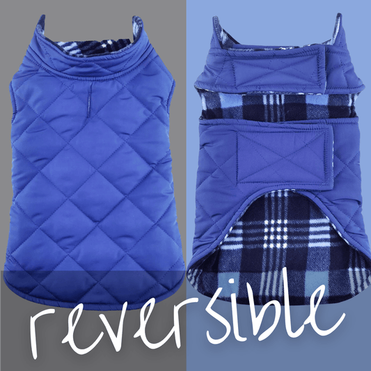 Reversible Fleece Lined Dog Puffer Winter Coats - Blue Plaid