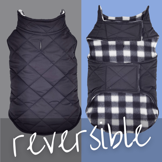 Reversible Fleece Lined Dog Puffer Winter Coats - Black Plaid