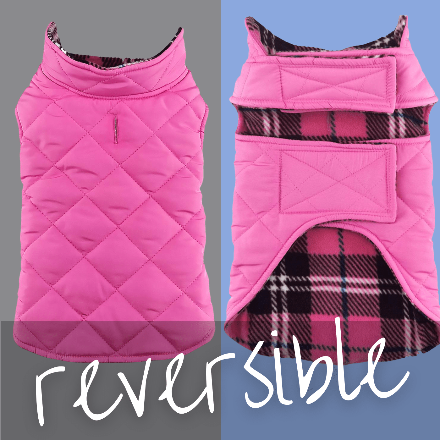 Reversible Fleece Lined Dog Puffer Winter Coats - Pink Plaid